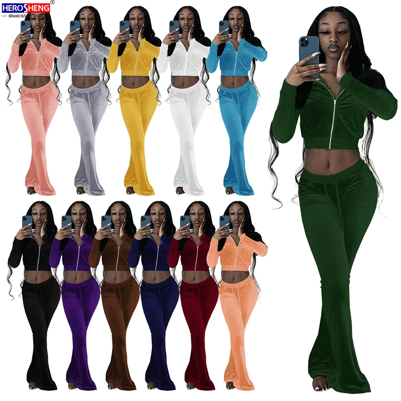 

2021 New Arrival Women Sweat Suit Two Piece Sets Flare Pants Wholesale Velvet Leggings 2 Piece Set Velour Tracksuits
