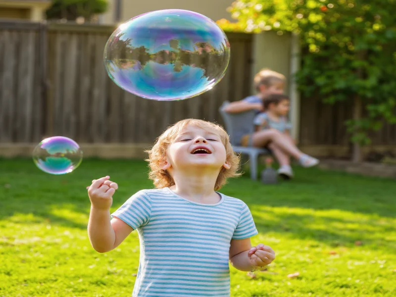 Child blowing giant soap bubbles in backyard