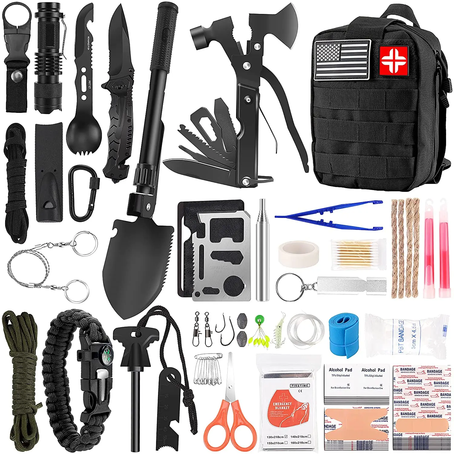 

142 Pcs Emergency Survival Kit First Aid Kit Professional Survival Gear with Molle Pouch for Camping Outdoor Adventure.