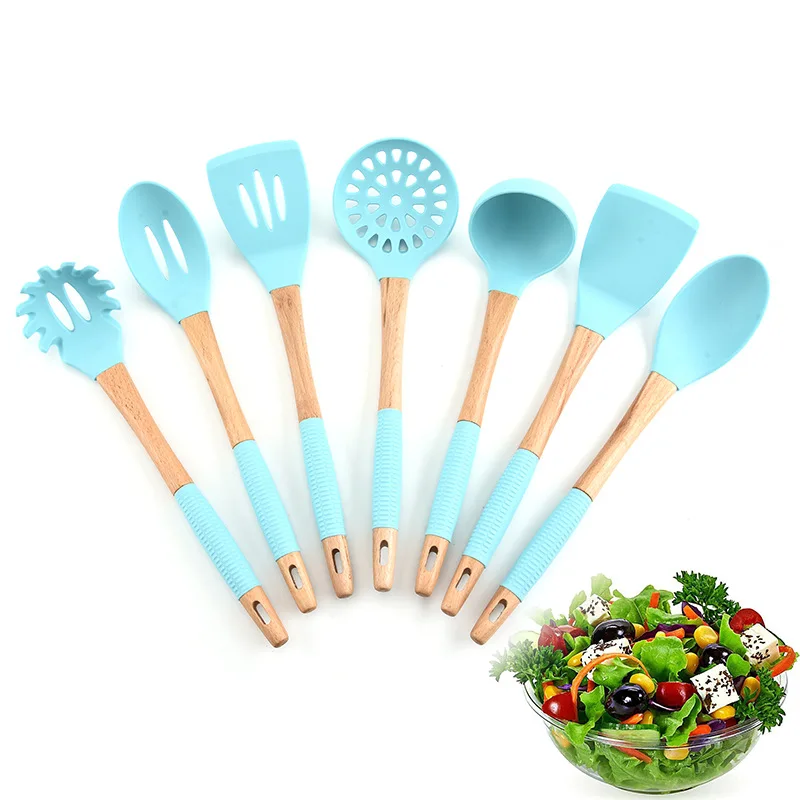 

Top Seller Online Kitchen Accessories Wooden Handle Silicone Cookware Kitchenware 7pcs Set, Sky blue