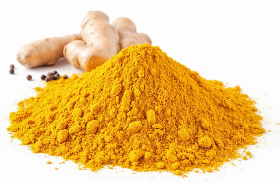 Turmeric root and powder showing vibrant yellow color with fresh ginger and black pepper