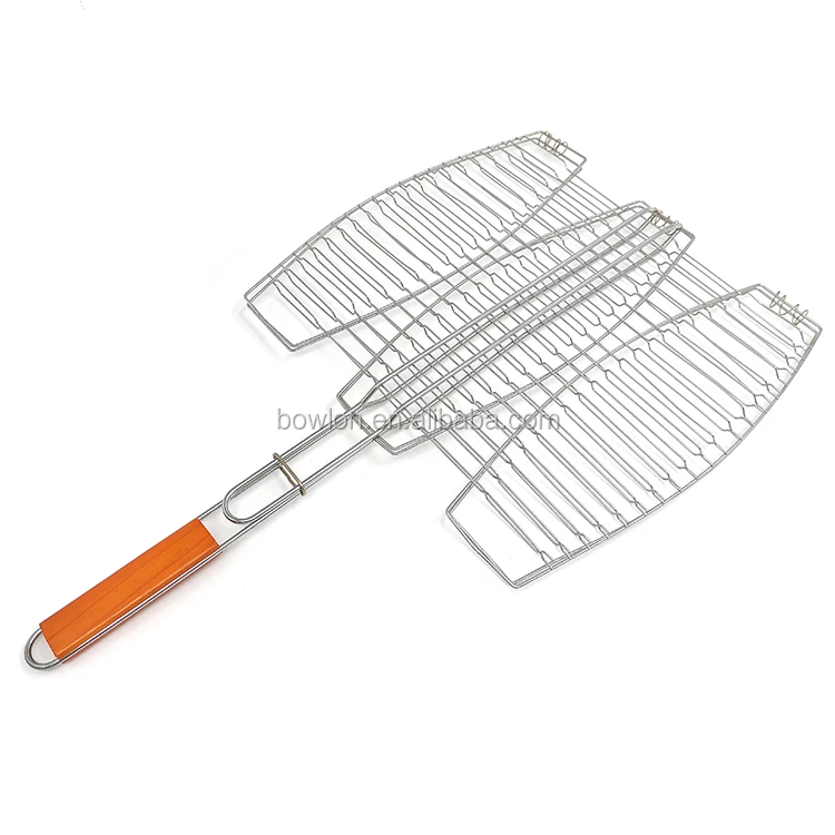 Stainless Steel Triple Fish Grill Basket With Wood Handle,Charcoal