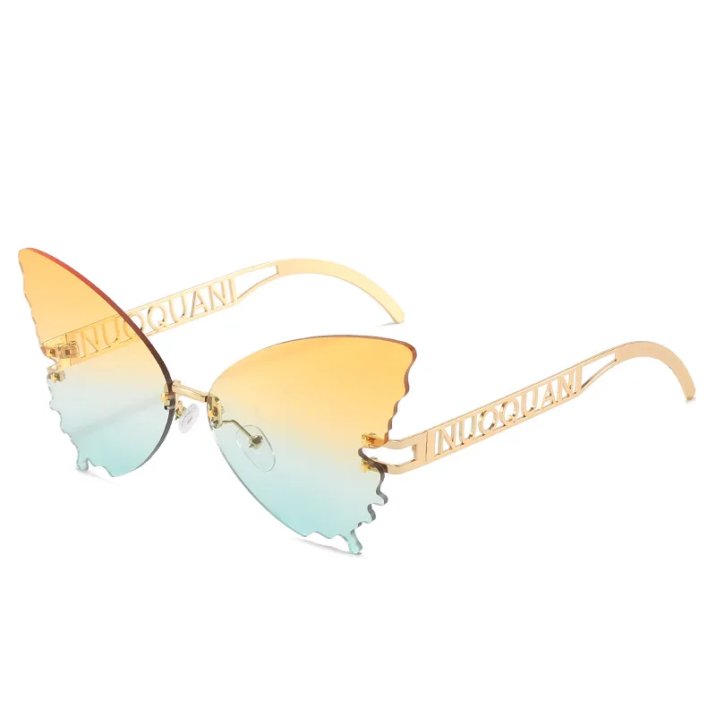

2021new arrival Big Butterfly shaped sunglasses metal carved temple Rimless Shades Colorful party Woman Butterfly Sun Glasses, Customized color