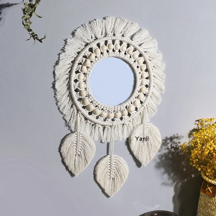 

Macrame Hanging Wall Mirror with Boho Fringe Round Decorative Mirror for Apartment Home Bedroom Living Room Home Decor, White