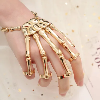 

Halloween Bracelet Five Finger Ring Bracelet Accessories Skull Skeleton Finger Bracelet Gift, Silver gold