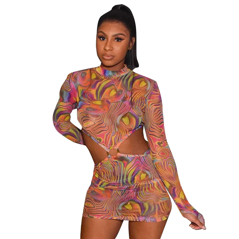 

Wholesale 2021 summer new mesh long sleeves hollow out mini print sexy bandage elegant dress for women