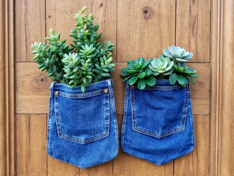 Repurposed jeans pockets holding succulents on wooden board