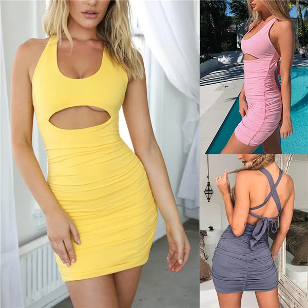 

Sexy Hollow Leaky Back Strap Pure Color Fashion Bodycon Dress, Picture showed