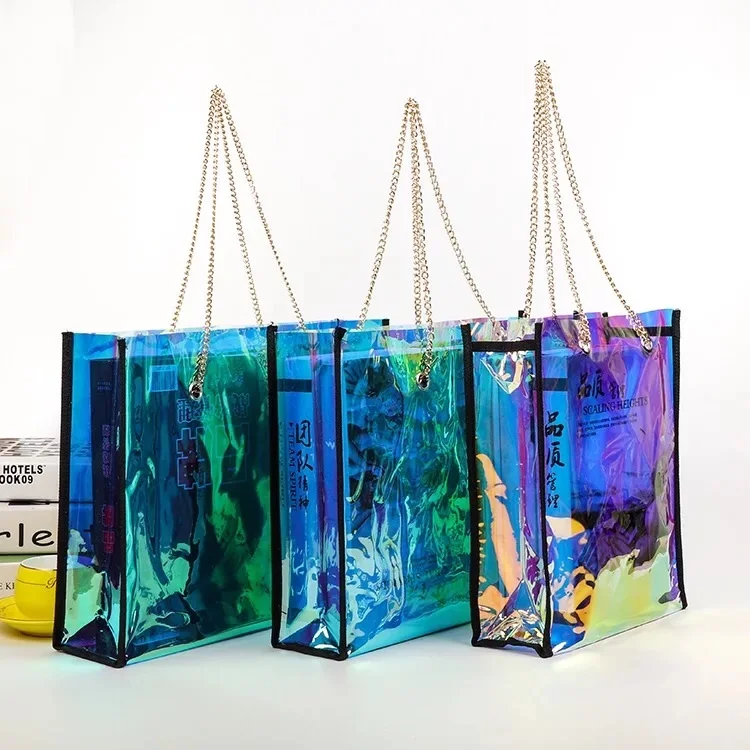 

Rainbow holographic  plastic tote bag printed shopping bags plastic neon euro tote