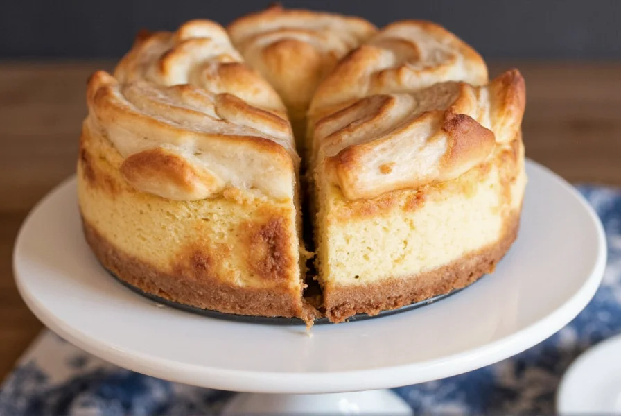Step-by-step preparation of cinnamon roll honeybun cheesecake showing the layering process with cinnamon roll dough on cheesecake base