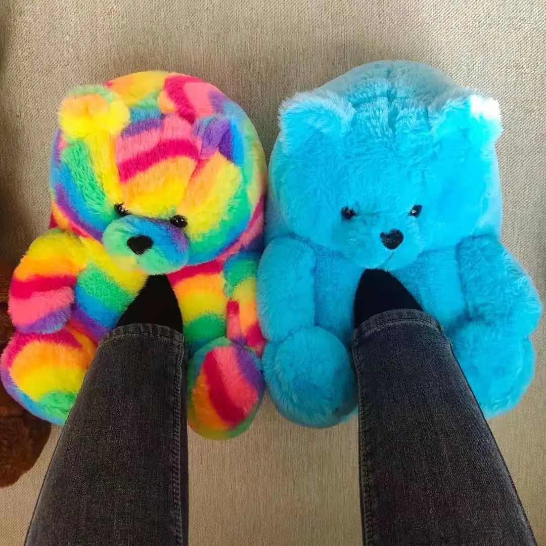 

Rapid transportation of women's indoor fur slippers spot wholesale furry rainbow teddy bear slippers, Picture color