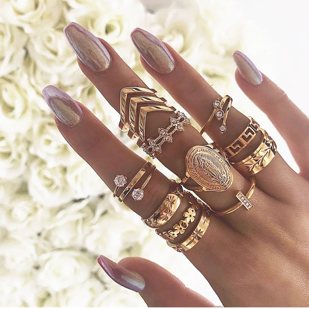 

Hot Sale Fashion Crystal Ring 13 Piece Creative Vintage Gold Plated Ring Sets For Women