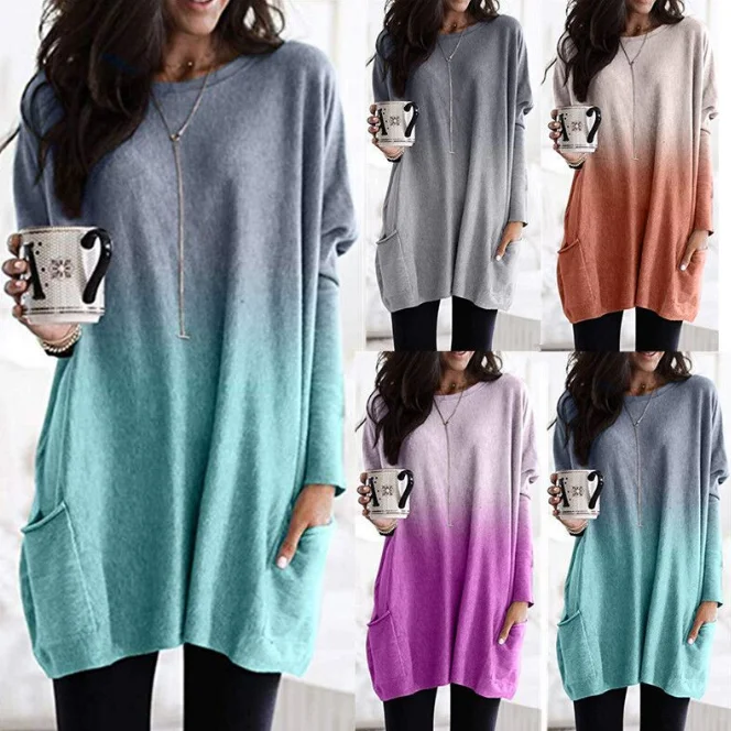 

High Quality Fashion Long Sleeves Round Neck Pocketed Loose Gradient Fabric Tunic Tops