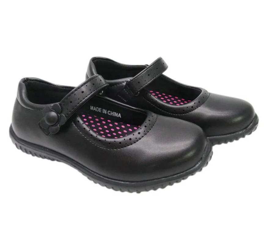 

Hook & Loop Black Leather School Shoes Wholesale Kid School Shoes Girls
