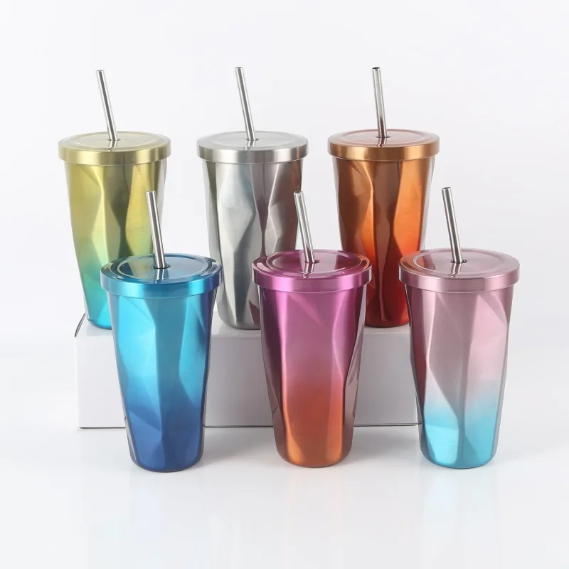 

Factory wholesale stainless steel Rhombus Gradient Thermos Cup straw coffee mug cup Thermal Insulation Cup