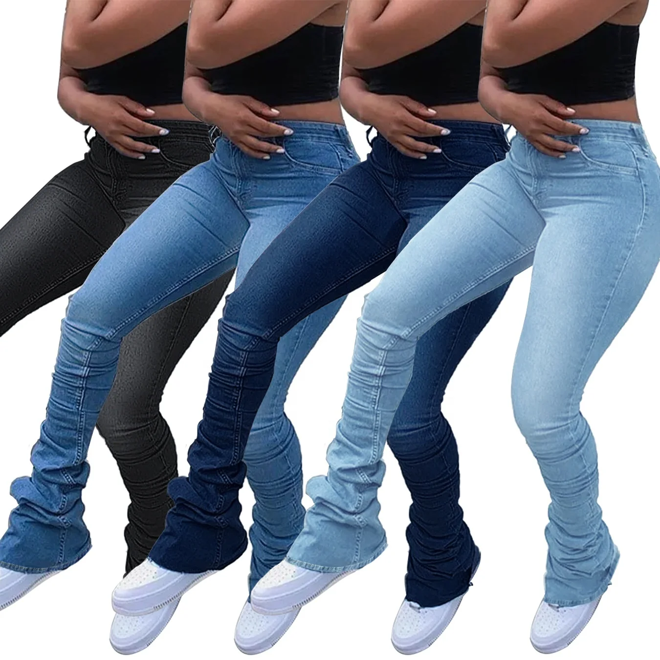 

Hot Selling Women Casual High Waist Contrast Color Slim Fit Skinny Denim Jeans Pants, Blue jeans