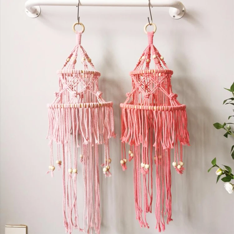 

Bohemian cotton rope hand woven pendant lampshade children's room bedroom macrame lamp shade home decor, White/pink