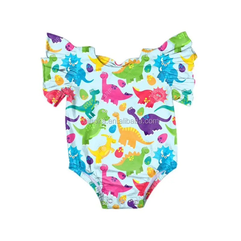 

Dinosaur Print Milk Silk Summer Girl Clothing Toddler Flutter Sleeve Romper Newborn Baby Clothes, Picture