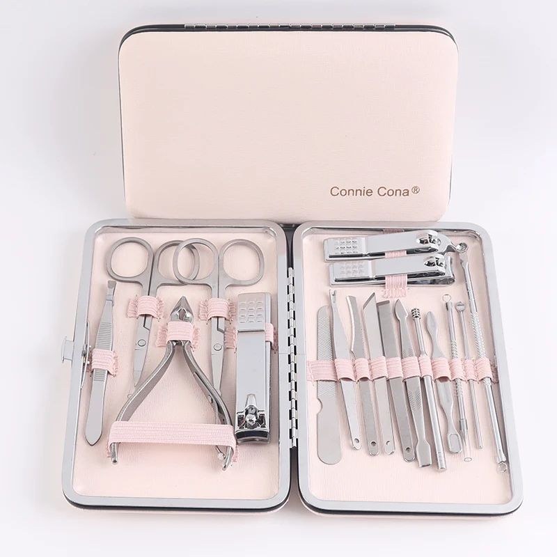 

LOW MOQ whole nail care tools accessories silver metal elements 18 in 1 manicure set, Beige,or as your requested