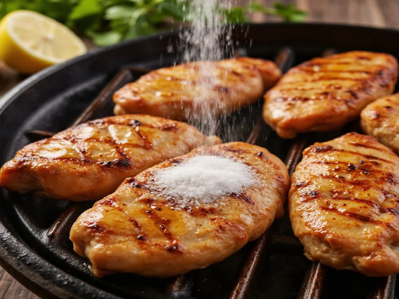 Seasoning salt application on grilled chicken with oil mixture