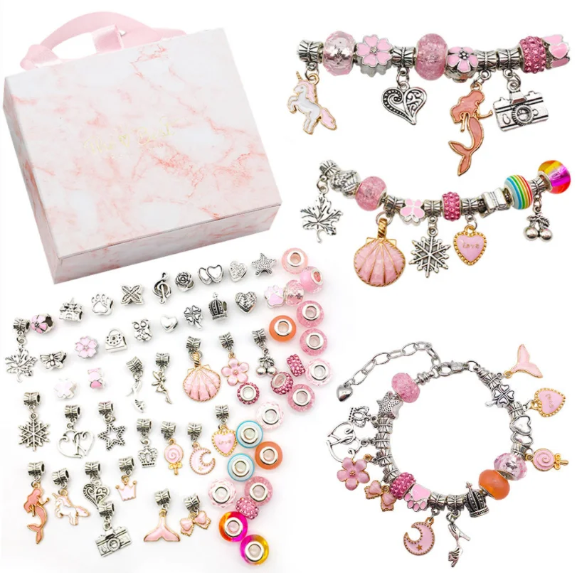 

2021 Children's DIY handmade crystal jewelry lady pink gift box set gift bracelet