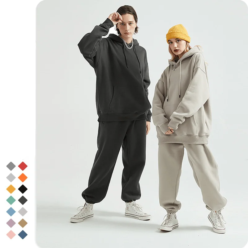 

Unise fleece french terry cotton hoody sets blank plain men hoodies sweatpants, Customized color