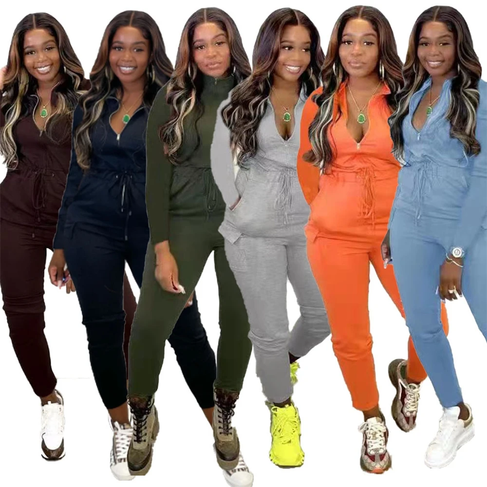 

EB-20091804 2021 Women Winter Joggers and Rompers Bodycon Deep V Neck Workout Jumpsuit Tracksuit for Women