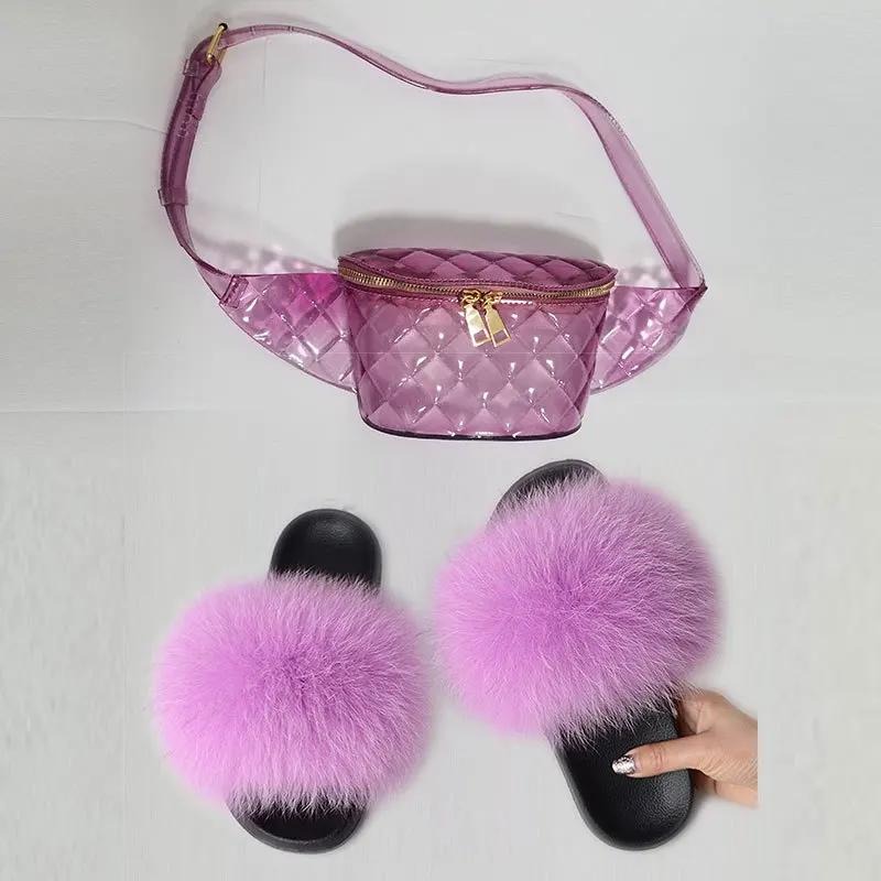

Fur Slides Purse Handbags Set Jelly Purses Matching Shoes Luxury Fur Slippers Set Fashion Fox Fur Slides mommy and me purse, Customized color