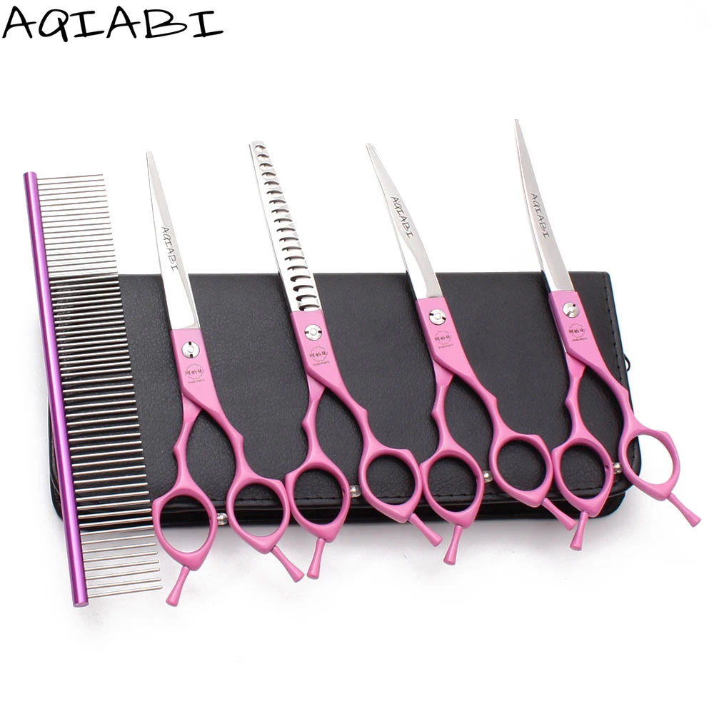 

Pet Grooming Scissors 7" AQIABI JP Steel Straight Shears Thinning Shears Curved Scissors Dog Scissors A3009, Pink handle