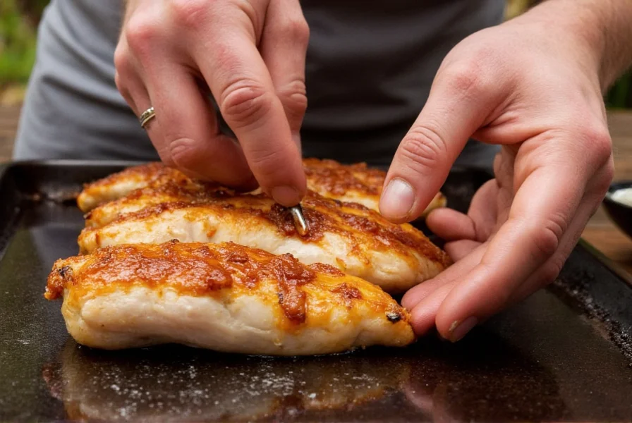 Chef's hand spreading Trader Joe's pepper jam on grilled chicken breast as part of cooking demonstration
