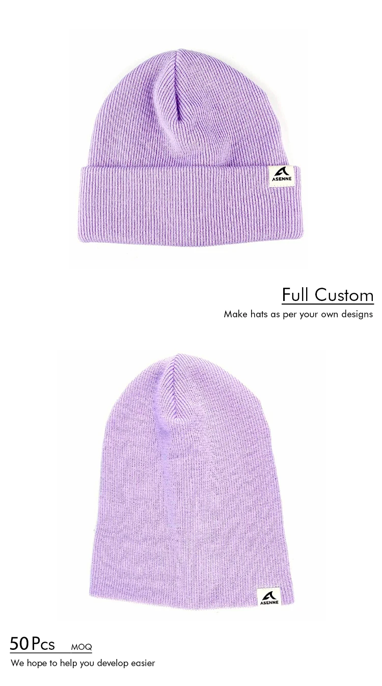 Wholesale custom high quality winter ladies light purple women beanie hats  From m.