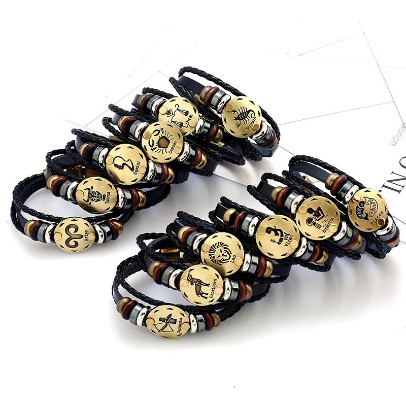 

Retro 12 Zodiac Cowhide Bracelet Simple Multilayer Woven Couple Leather Zodiac Bracelet