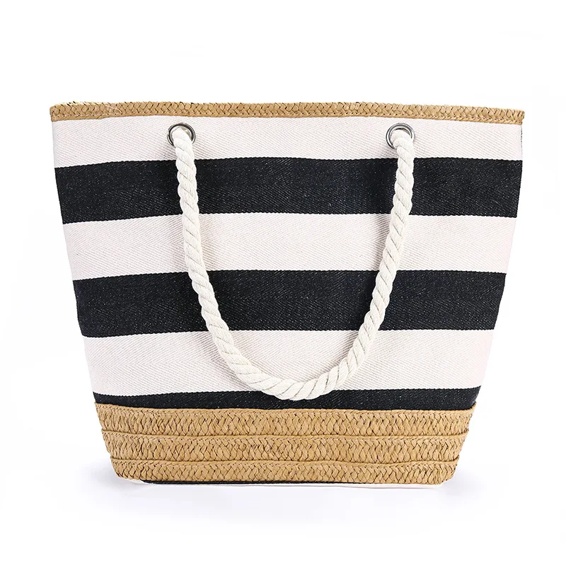 

New Fashion Summer Beach Striped Canvas Straw Rope Jute Tote Bag