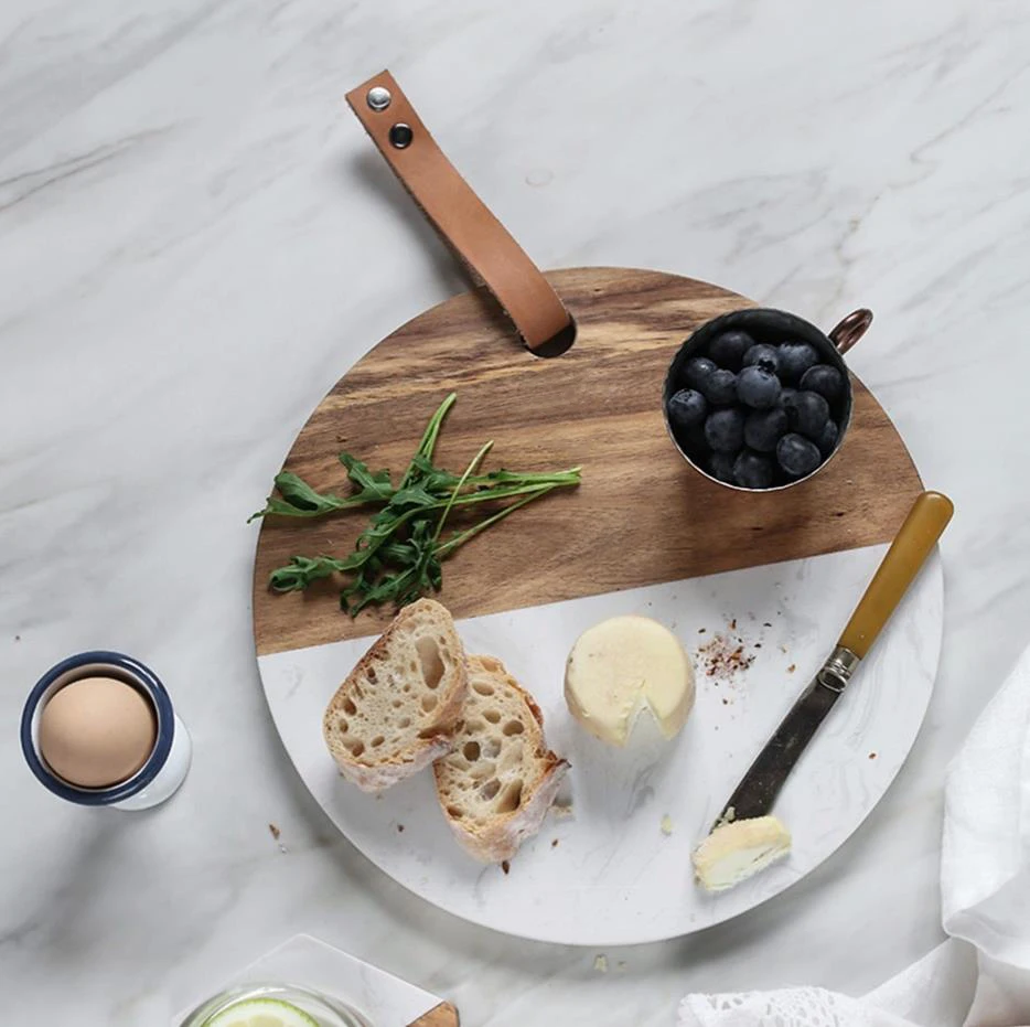 

White Marble and Acacia Wooden Cheese Board for Christmas Marble Tray Meats Breads Charcuterie Round Cutting Board