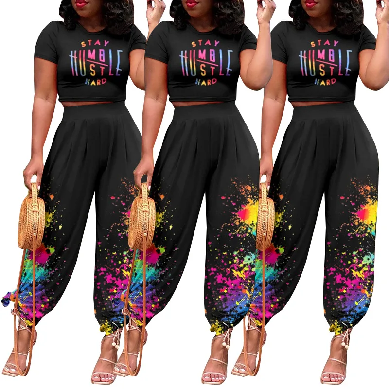 

Good Quality 2021 Fall Casual Women Clothing Letter Printed Crop Top Two Piece Set Wide Legging Pants Sets, Picture