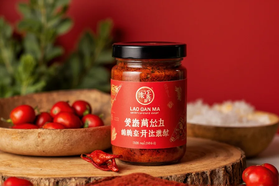 Lao Gan Ma Spicy Chili Crisp jar with red label on wooden table