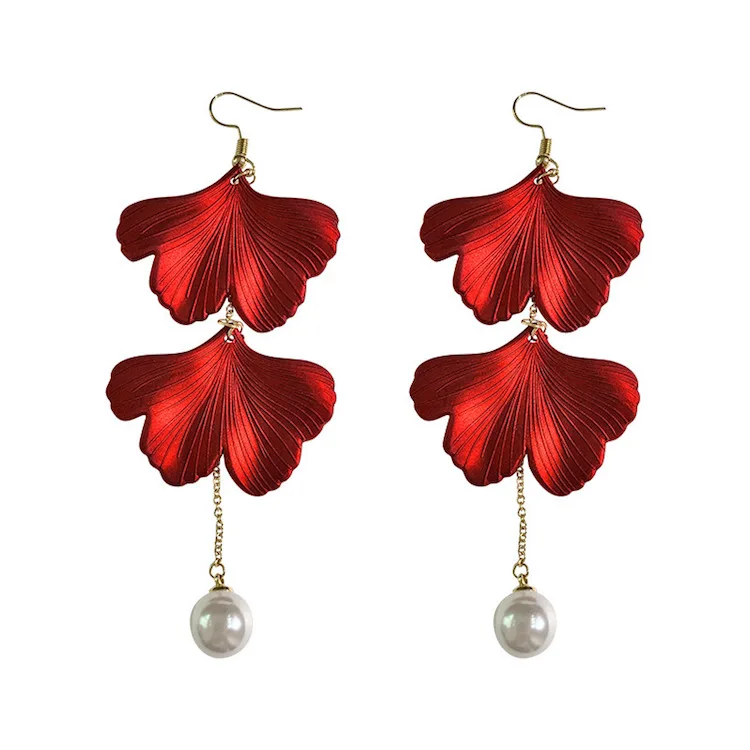 

Alloy petals earrings trend fashion Pearl long earrings