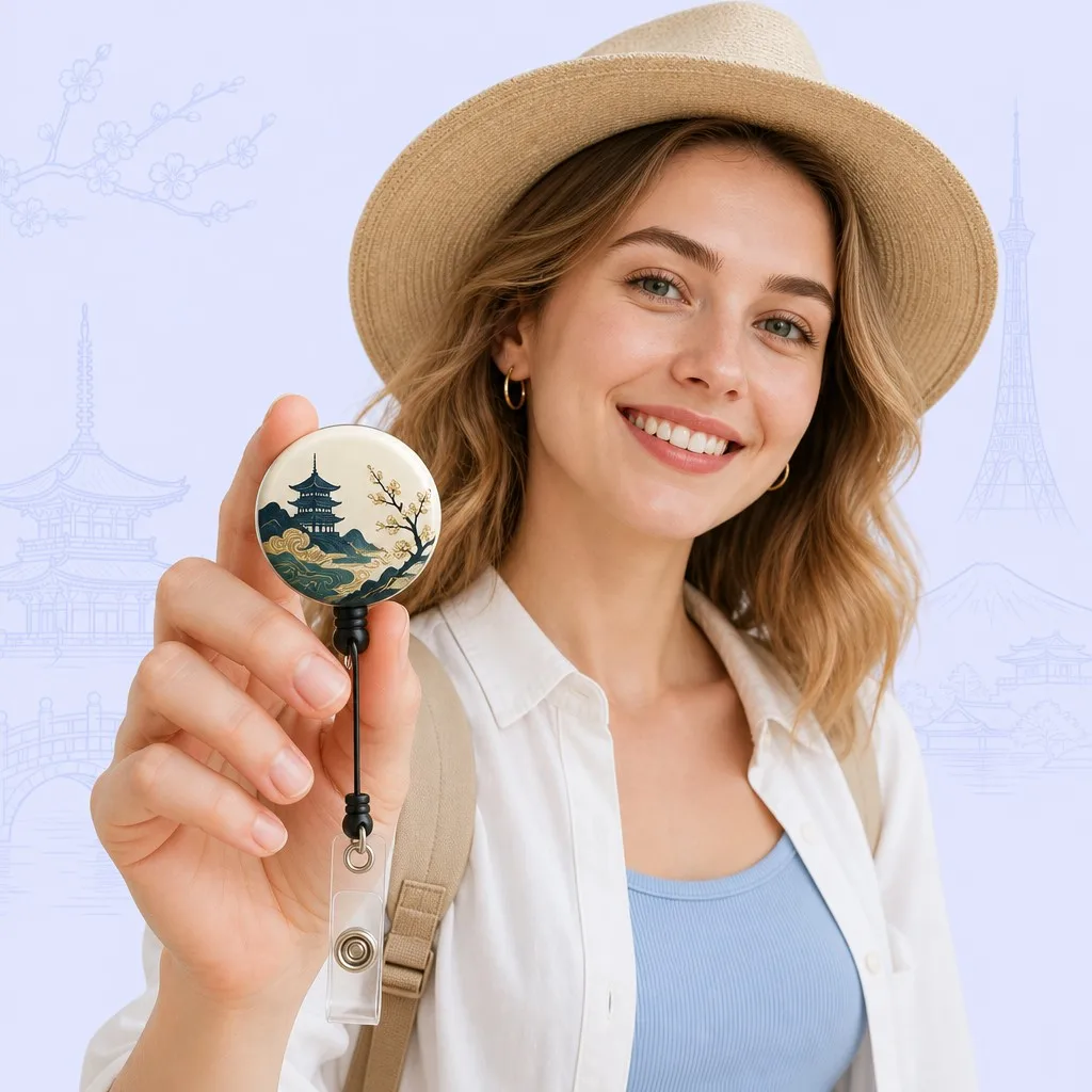 Smiling traveler holding a retractable badge reel