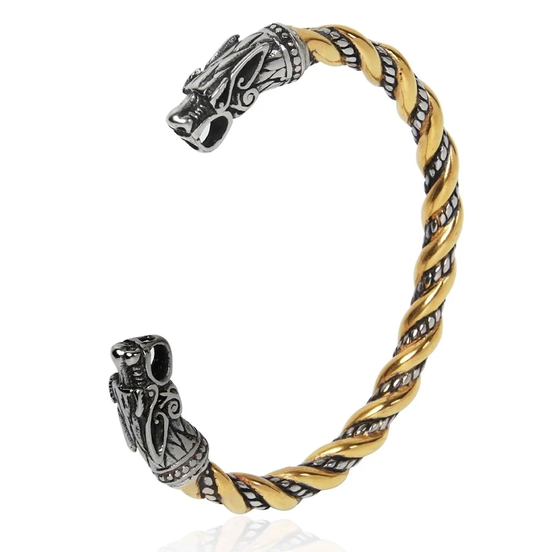 

Nordic Viking pirate golden dragon bracelet double dragon head stainless steel bracelet male