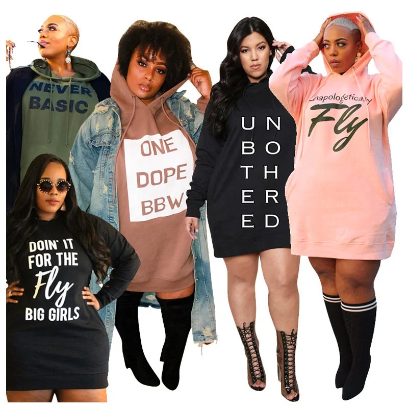 

Ready to ship 2021 Spring Fashion Plus Size Dress Ladies Solid Letter Printed Dress Woman Hoodie Oversized Short Plus Size Dress