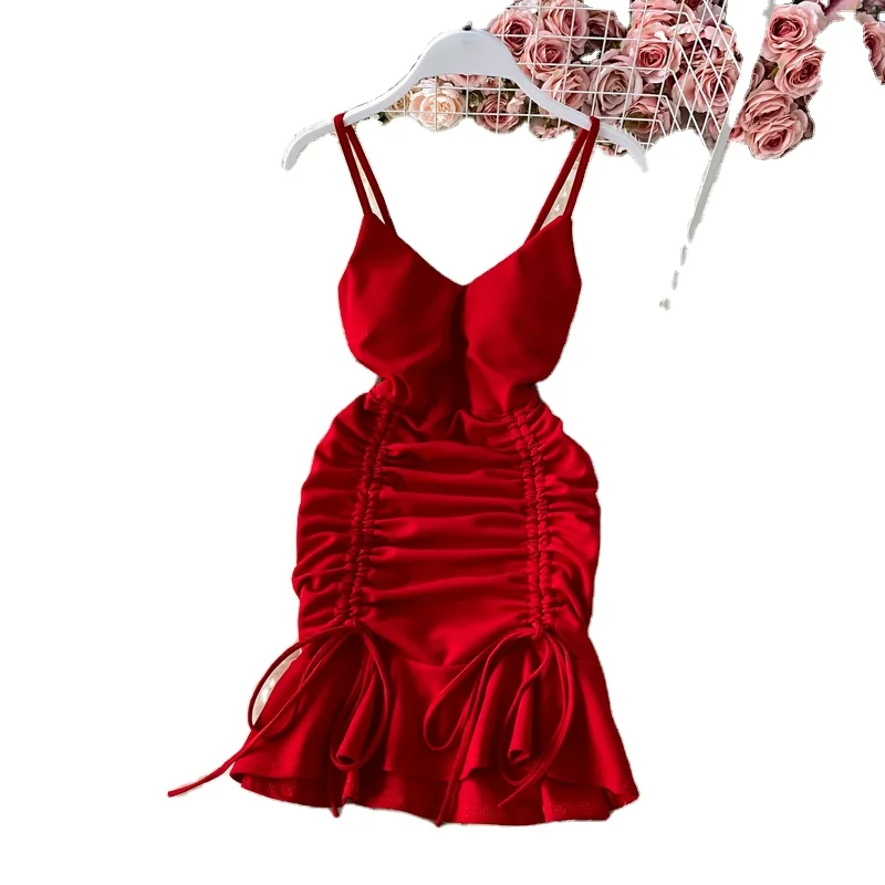 

New Sexy V-neck Spaghetti Strap Sleeveless Mini Bodycon Dress Summer Women Slim Waist Drawstring Ruched Ruffles Party Dress