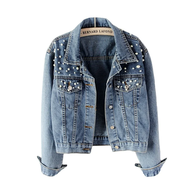 

2020 new arrivals fashion trending wholesale high street pearl decoration women short cropped denim jacket