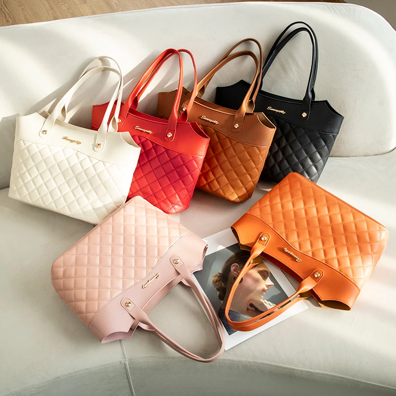 

high quality wholesale ladies luxury texture rhombus large capacity tote handbags women travel shopping bag dinner hand bags