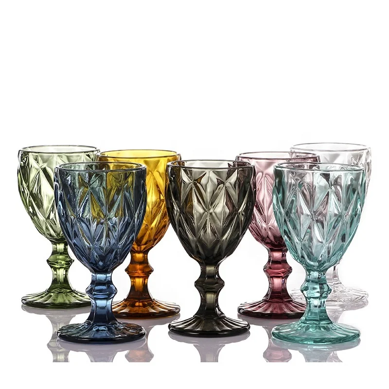 

Wholesale 8oz luxury wedding crystal embossed colored custom goblet red wine glass cup