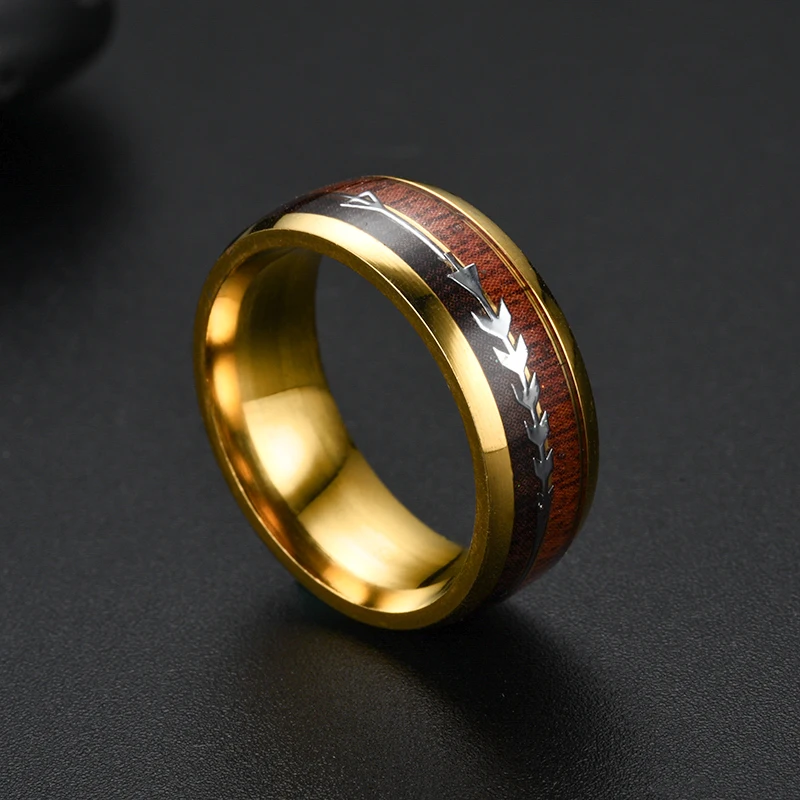 Cross-Border Supply Stainless Steel Wood Grain Arrow Ring Titanium Steel Inlay Ring Factory Wholesale