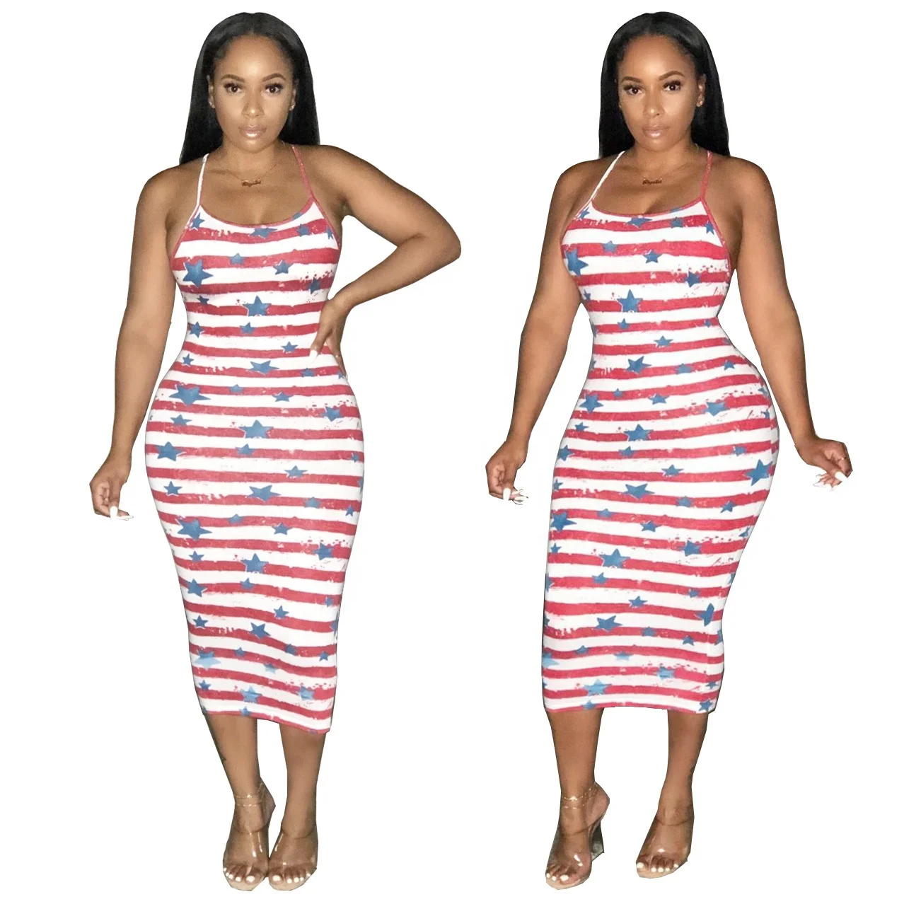

F21297A 2020 new design Hot style element star stripe print cross-strap slip dress women dress, As picture
