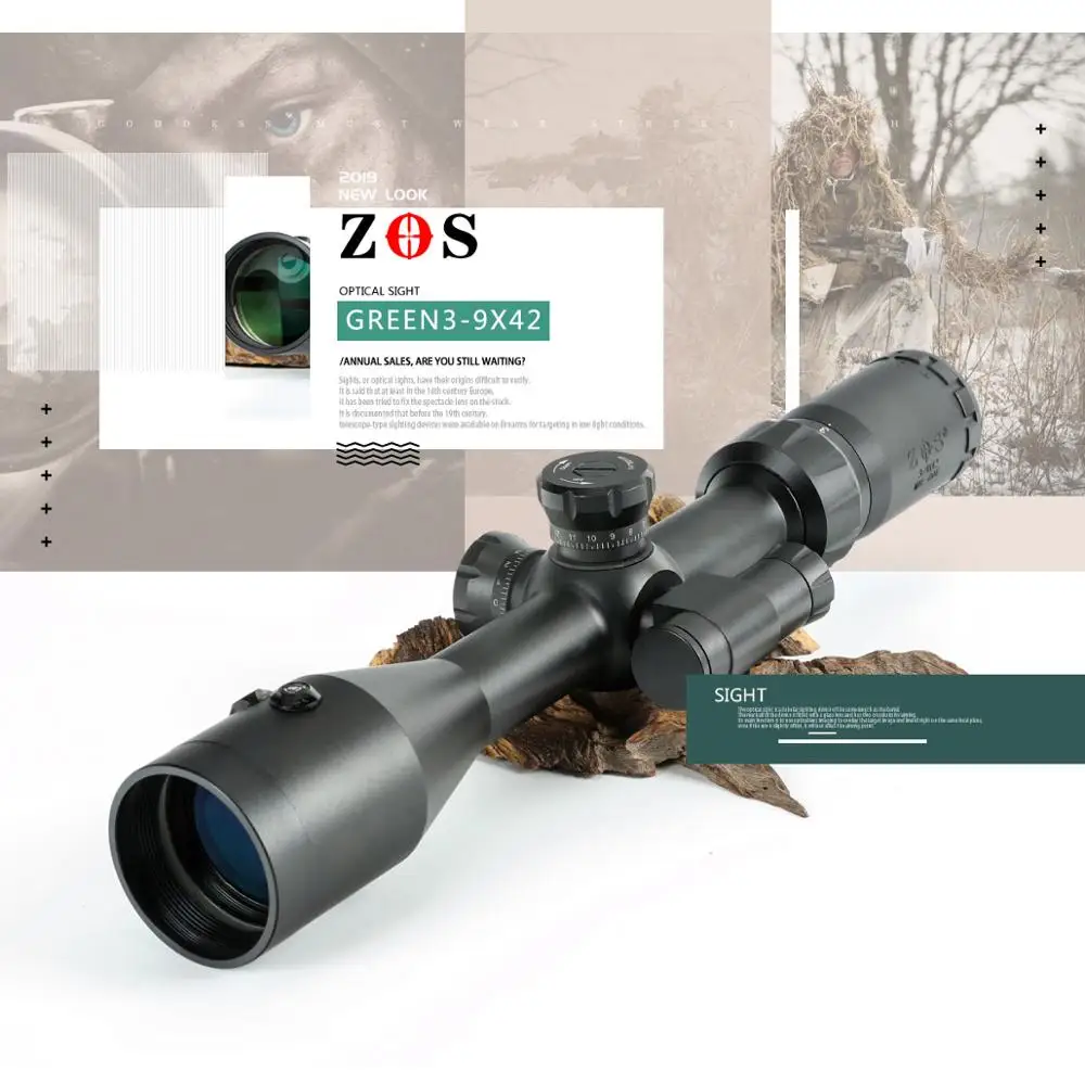 

Hunting Optical sight ZOS 3-9x42 Green LASER illumination Shockproof Hunting Sniper Tactical RifleScope for Air Gun, Black
