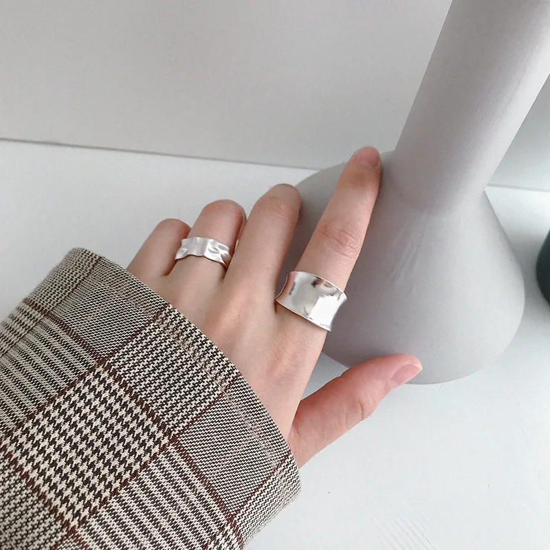 

100% Real 925 Sterling Silver Finger Rings Irregular Textured Hammered Open Rings For Women Men