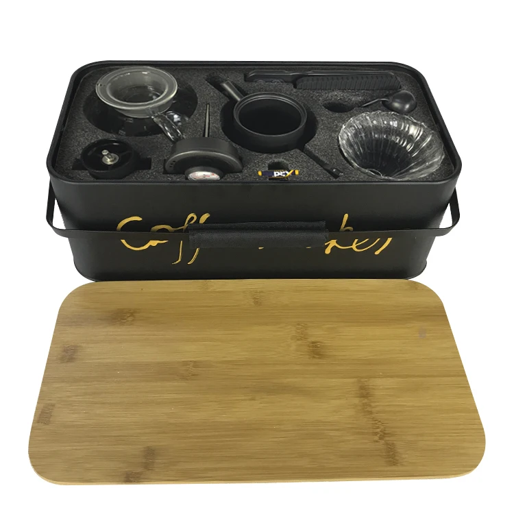 

V60 portable travel coffee brewing distribution tools bag for barista coffee maker set steel box and bamboo lid for picnic, Customized