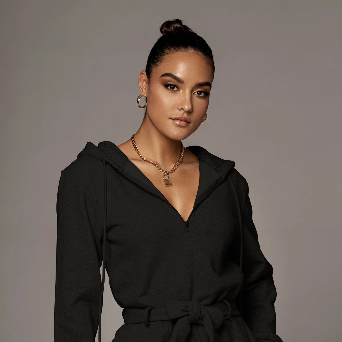 

plus size Women's Autumn Zipper Hooded Jumpsuit with Belt Casual Long Sleeve Cargo Pants playsuits one piece jumpsuits elegant